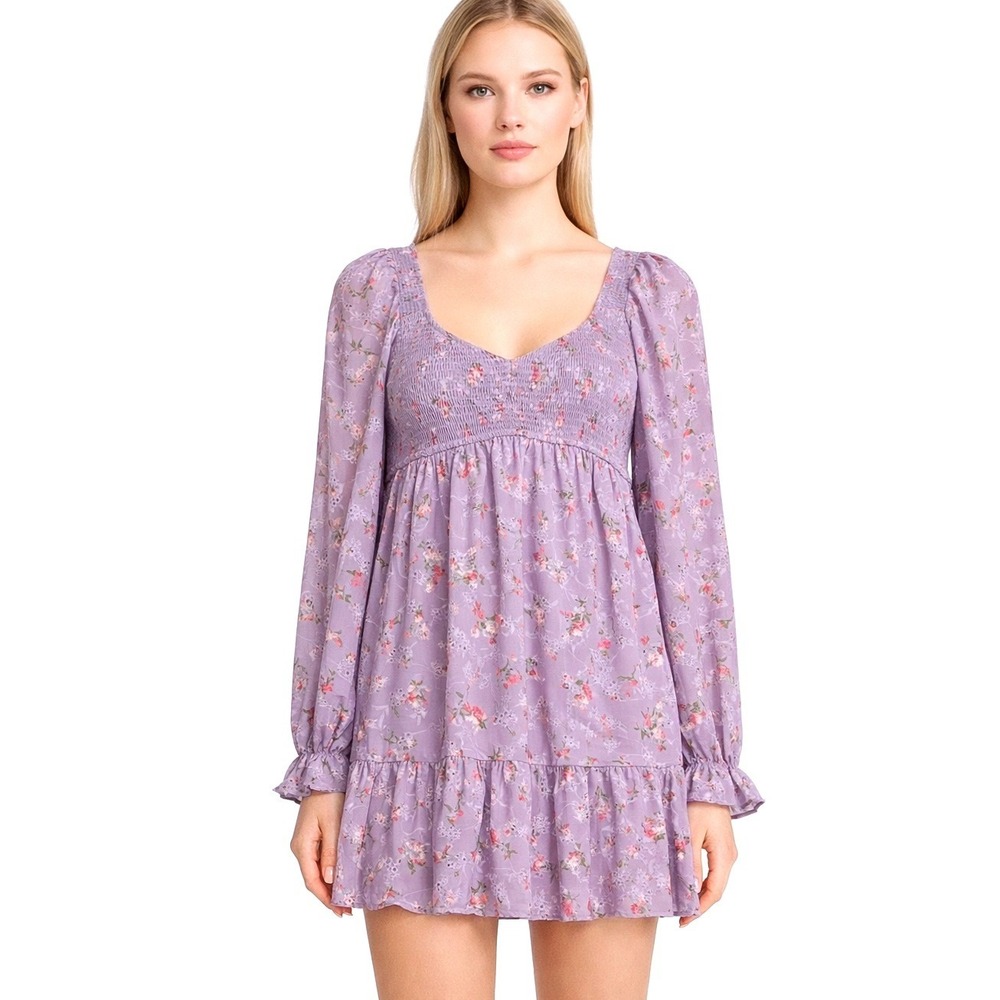 Allison+Kelly NWT Lavender Floral Babydoll Puff Sleeve Romantic Mini Dress